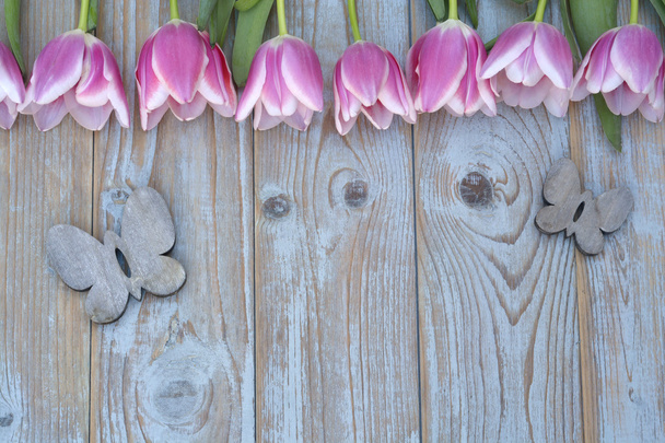 Fundo de madeira azul cinzento velho com borda branca rosa das tulipas em uma fileira e espaço vazio da cópia com decoração de borboletas de madeira do verão da mola
 - Foto, Imagem