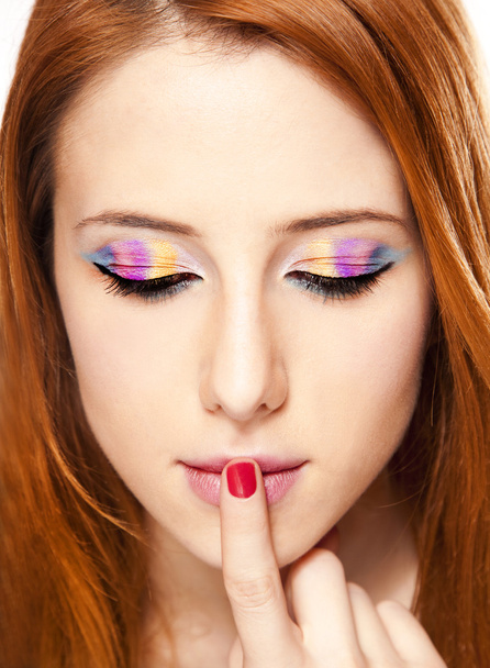 Close-up portrait of redhead girl with make-up. - Фото, изображение