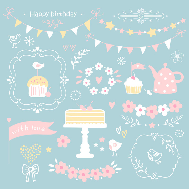 Set of elements for birthday party, greeting cards. Cake, cupcake, kettle, bird, garland. - Вектор, зображення