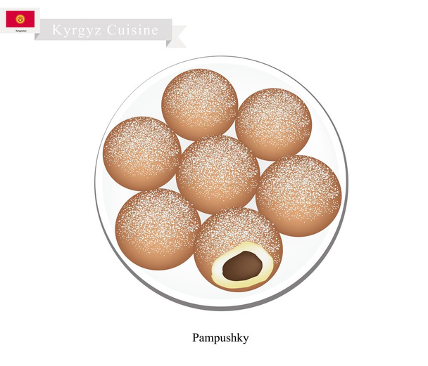 Pampushky ou Quirguistão tradicional levantou donuts com enchimento
 - Vetor, Imagem
