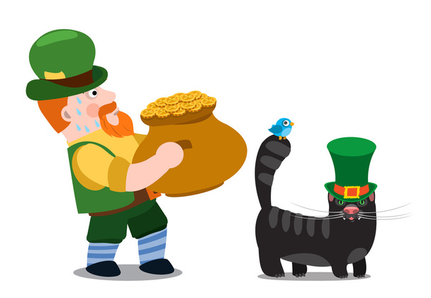 A man with a pot of gold and a black cat. The festive character in cartoon style. Congratulations to the St. Patricks Day. - Vector, Imagen