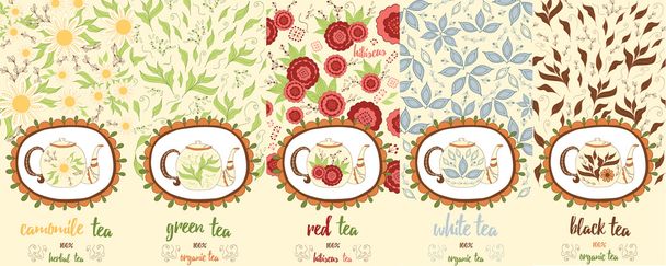 Векторный набор элементов дизайна и икон в модном стиле каракули для пакетика чая - ромашковый, красный, белый, черный и зеленый чай
.  - Вектор,изображение