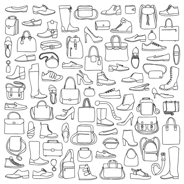 Man and woman doodle shoes and bags - Vektori, kuva