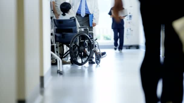 kobieta na wózku inwalidzkim z mężem konsultuje się z lekarzem - Materiał filmowy, wideo
