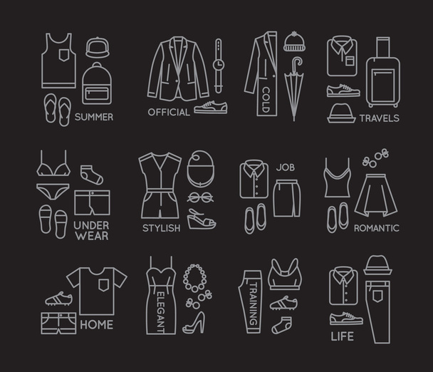 Flat clothes complect icons black - Vector, Image