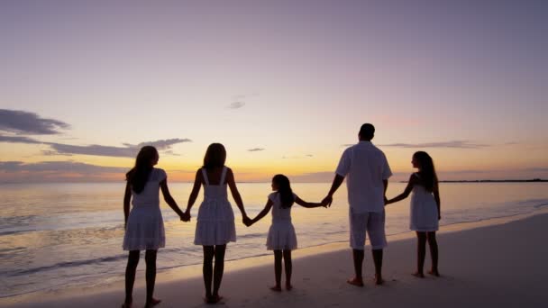 Kaukasische familie genieten van strandvakantie bij zonsondergang - Video