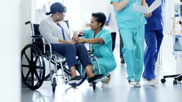 vrouwelijke verpleegkundige en patiënt op rolstoel in ziekenhuis - Video