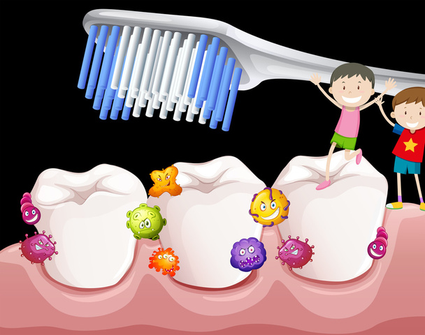 Bakteri ile diş fırçalama çocuklar - Vektör, Görsel