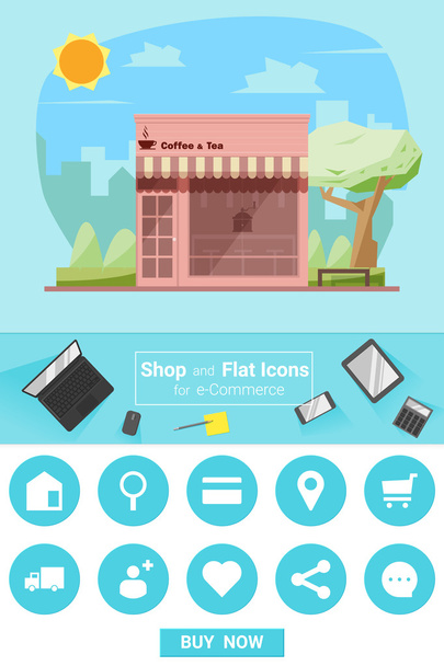 Shop and flat icons for e-commerce Coffee shop, vector, illustration - Vecteur, image