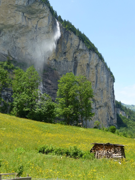 Водоспад і пишна квітка галявини в долині Лаутербруннен, Швейцарія в кінці весни - Фото, зображення