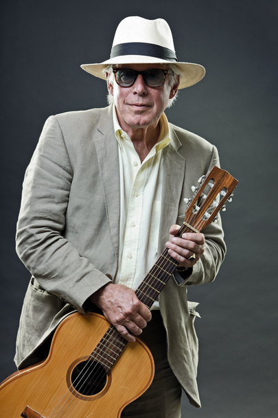 Senior man with accoustic guitar wearing suit hat and sunglasses. - Foto, Imagen