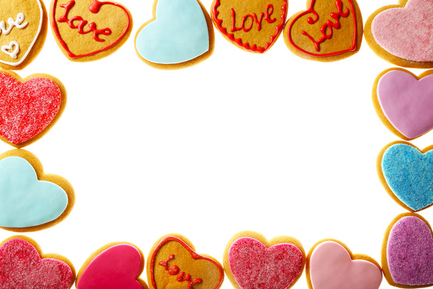 Colorful Valentine heart cookies isolated on white - Φωτογραφία, εικόνα