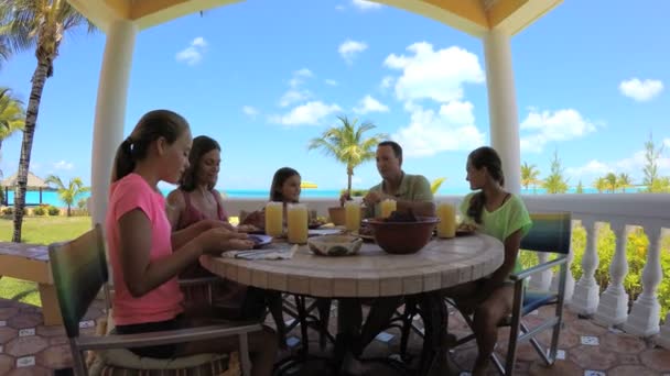 Valkoihoinen perhe nauttii syömisestä rannalla
  - Materiaali, video