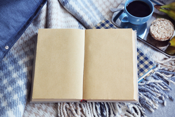 Open book, plaid and coffee - Foto, imagen
