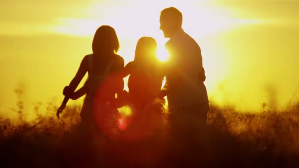 rodziców z córkami na łąki przy zachodzie słońca - Materiał filmowy, wideo