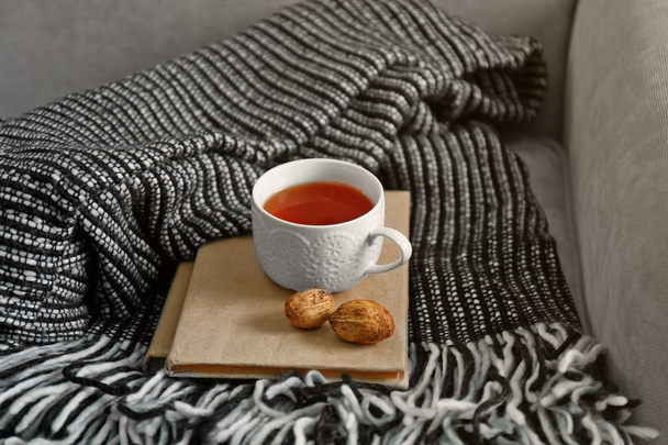 A soft blanket, a cup of tea, nuts and a book on the sofa. Peace and comfort concept - Фото, изображение