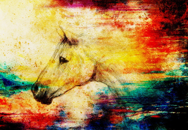 Нарисуйте карандашный конь на старой бумаге, старинной бумаге и старой структуре с пятнами цвета
. - Фото, изображение