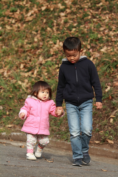 Japán testvérpár egy séta (6 éves fiú és 1 éves lány) - Fotó, kép