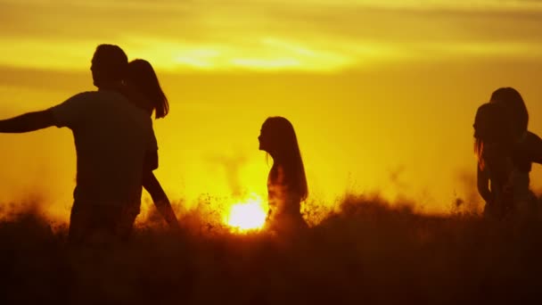 夕暮れの草原で娘を持つ両親 - 映像、動画