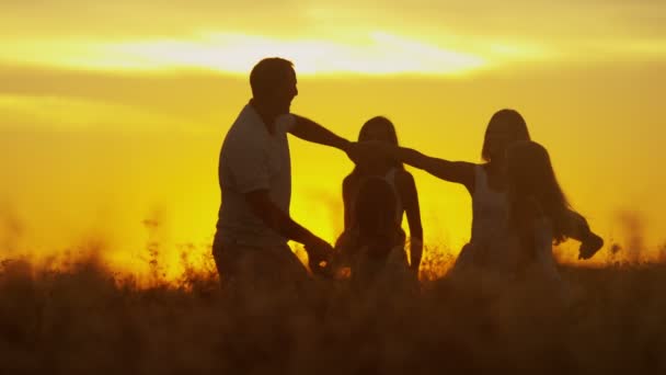 ouders met dochters in de weide bij zonsondergang - Video