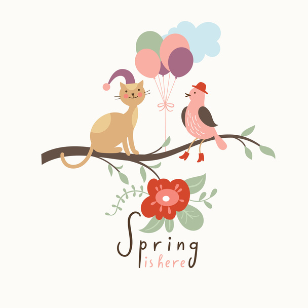 春のイラスト、かわいい猫や鳥 - ベクター画像