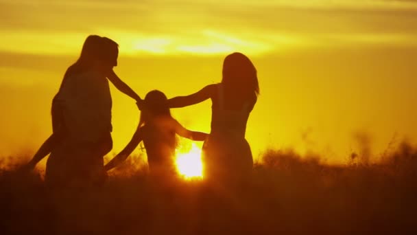 rodziców z córkami na łące na zachodzie słońca - Materiał filmowy, wideo