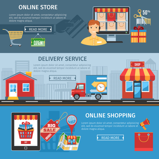 Online vásárlás és a szállítás lapos bannerek beállítása - Vektor, kép