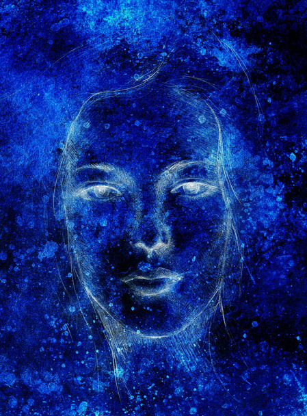 Zeichnung Porträt junge Frau, Farbe Malerei Hintergrund. Computercollage. Umkehreffekt. - Foto, Bild