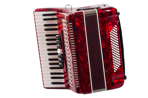 part red musical instrument accordion, white background - Photo, Image