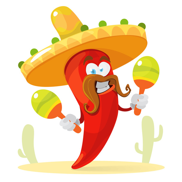 Piros chili paprika egy sombrero játszik a maracas - Vektor, kép