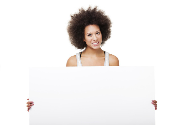 Woman holding a white billboard - Foto, immagini