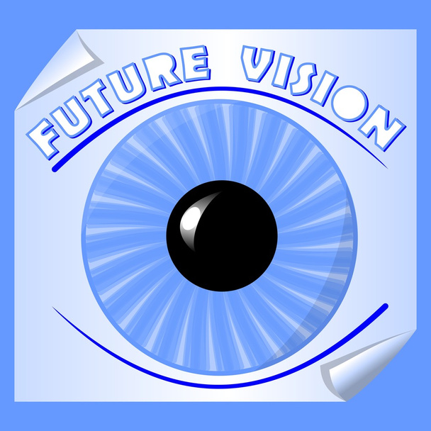 Future vision emblem with blue iris and the pupil on paper with rolled corner, useful as slide for motivation training - Vector, Image