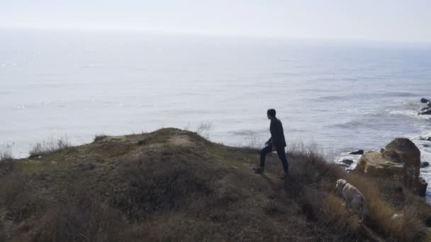 человек и собака взбираются на скалу и смотрят далеко в море замедленным движением
 - Кадры, видео
