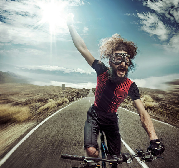 Portrait of a funny yelling cyclist - Zdjęcie, obraz