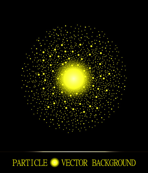 Soyut shpere sarı parlak ışık parçacıkları alanı siyah arka plan. Galaxy sembolü. Sunumlar, kartlar, bilimsel ve takı tasarımı için stil arka plan. Vektör çizim - Vektör, Görsel