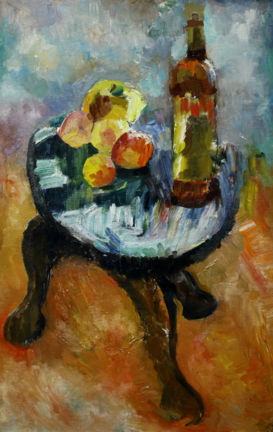Malarstwo olejne martwa natura z na krzesło jabłka i brzoskwinie w stylu impresjonizmu w jasnych kolorach - Zdjęcie, obraz
