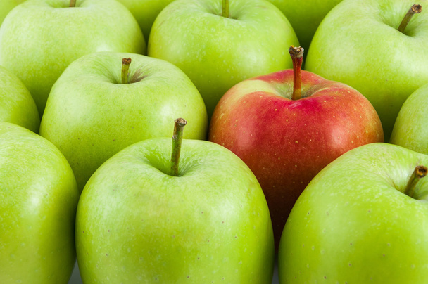 een rode appel onder groene appels - Foto, afbeelding