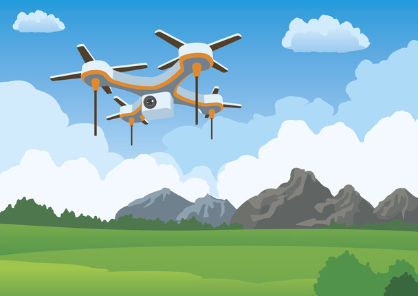 Quadrocopter Drohne fliegen Illustration Landschaft - Vektor, Bild