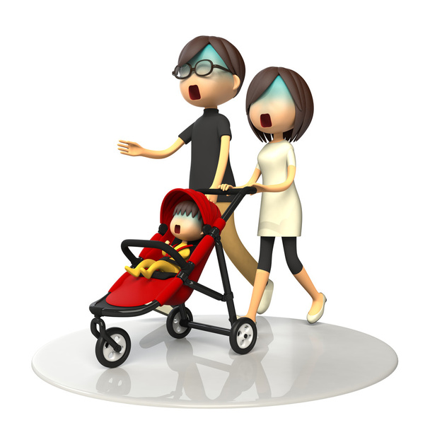 Padres caminando con bebé buggy
 - Foto, Imagen
