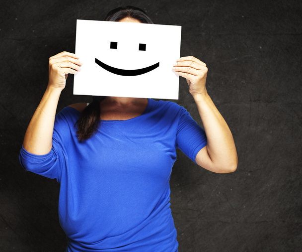 Woman with happy emoticon - Zdjęcie, obraz