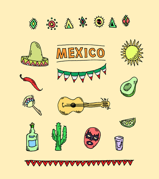 Hand drawn vector set of mexican symbols - Vetor, Imagem