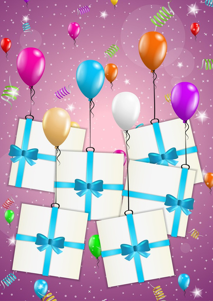 κάρτα γενεθλίων με μπαλόνια και δώρο - Διάνυσμα, εικόνα