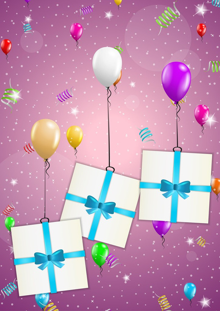 verjaardagskaart met ballonnen en cadeau - Vector, afbeelding
