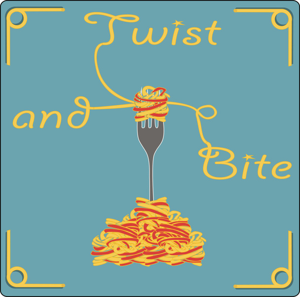 Tenedor con espaguetis sobre fondo azul con palabras giro y mordida, vector, ilustración
. - Vector, imagen