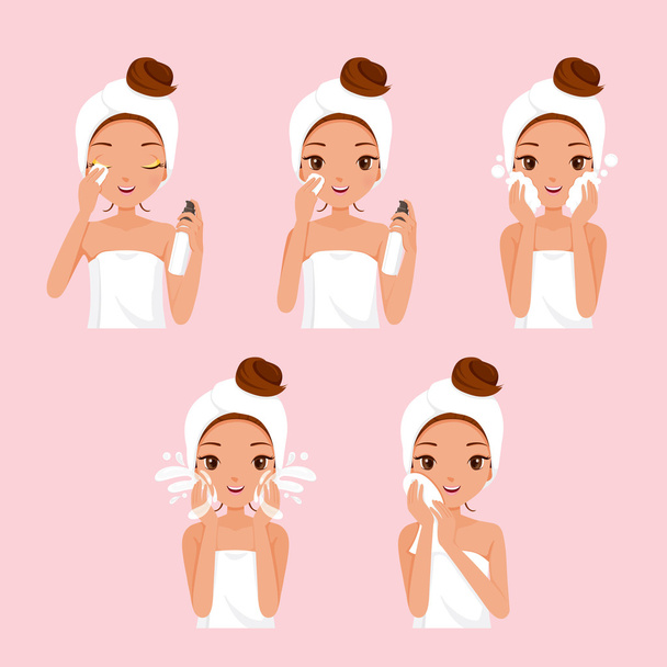 Girl Cleaning And Care Her Face With Various Actions Set - ベクター画像