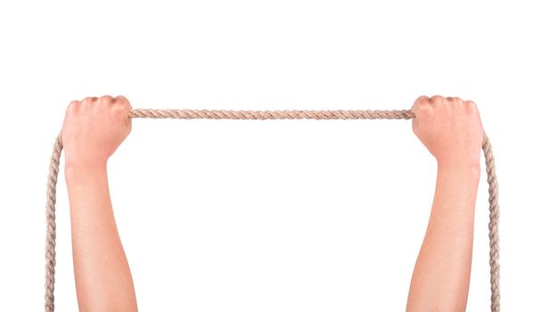close up of hands pulling a rope on white background with clippi - Φωτογραφία, εικόνα