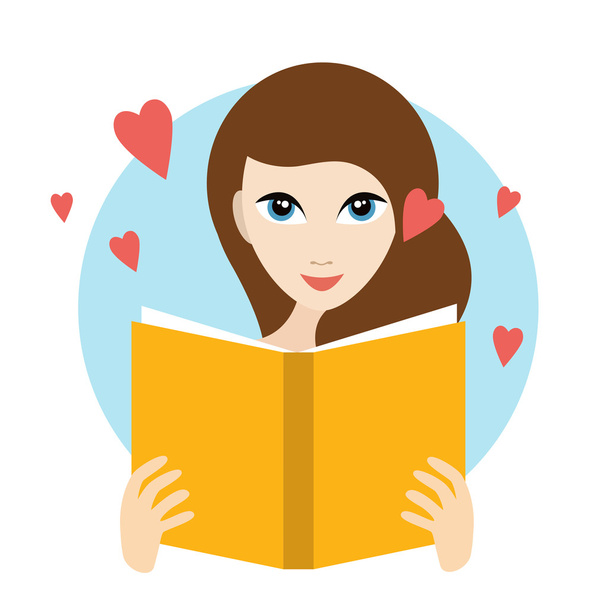 Chica adolescente leyendo un libro de amor romántico. Vector plano
. - Vector, Imagen