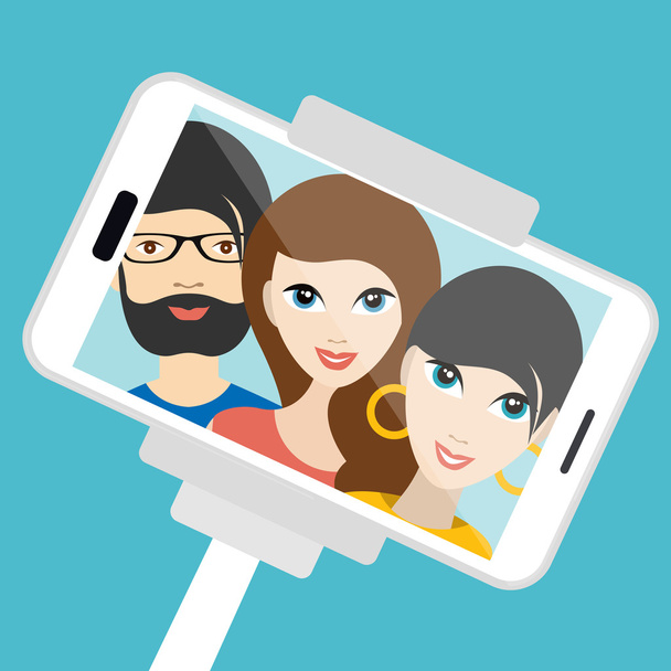 Three friends making summer selfie photo. Vector cartoon illustration. - Vector, Image