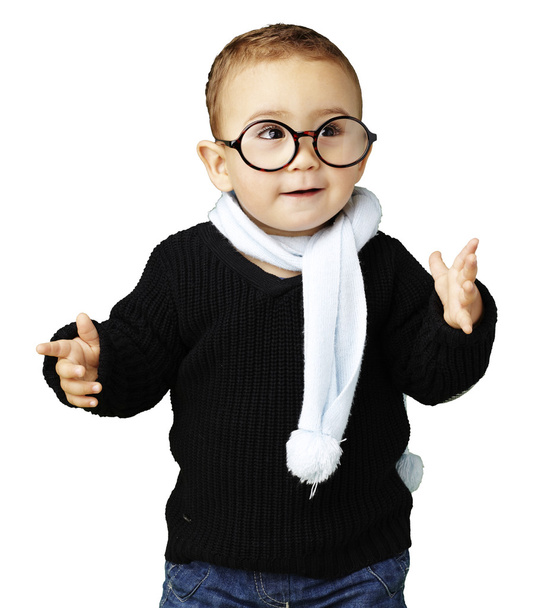 Portrait of adorable kid gesturing doubt against a white backgro - Photo, image