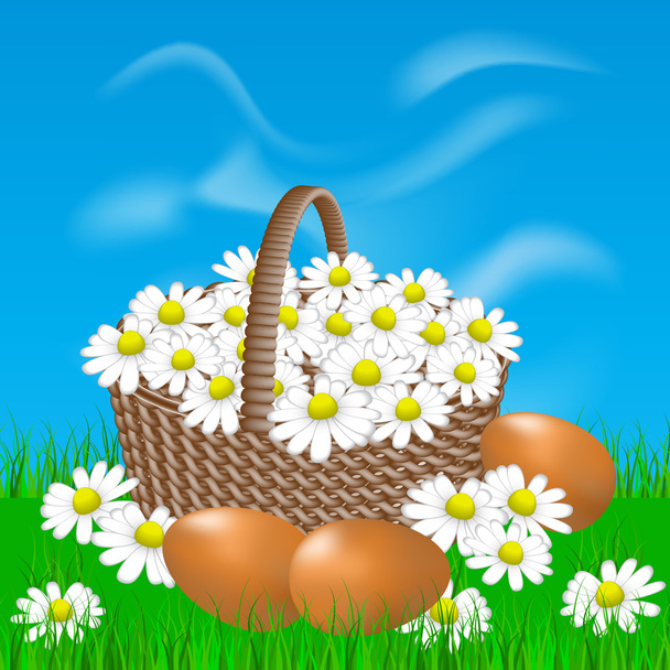 Basket with daisies and eggs on the grass - Vector, Image